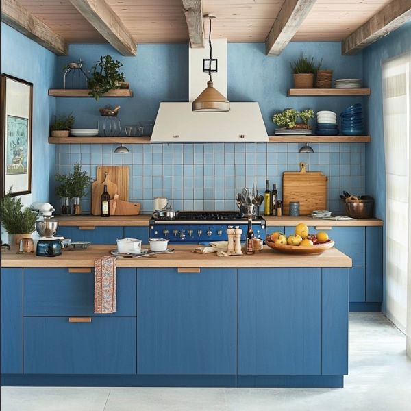 Cuisine bleu clair et plan de travail bois - Modèle CBCPB