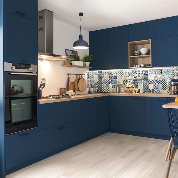 Cuisine bleu avec plan de travail bois - Modèle CBPTB