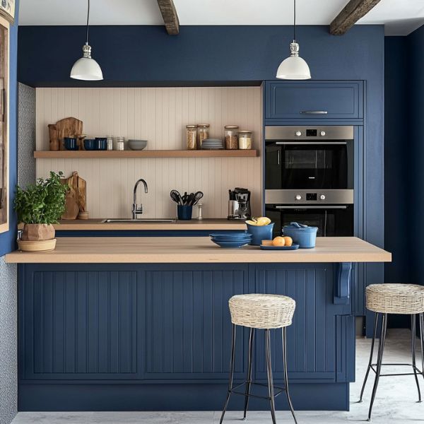 Cuisine bleu avec ilot central et plan de travail bois - Modèle CBICP65