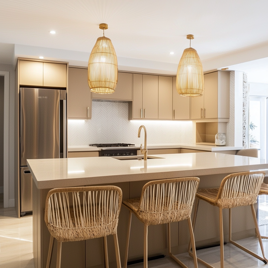 Cuisine beige ouverte sur salon avec îlot central - Modèle BOSIC
