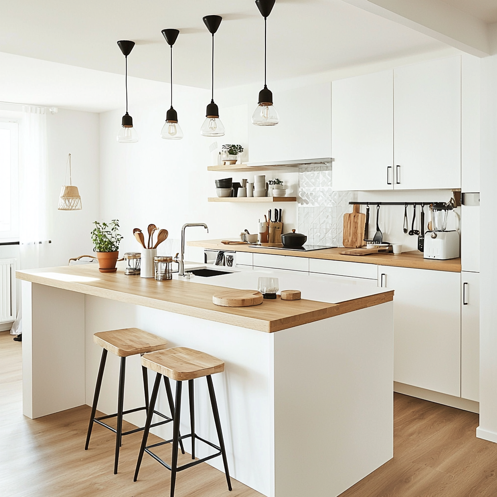 Petite cuisine blanche et bois avec îlot central - Modèle PCBBIC