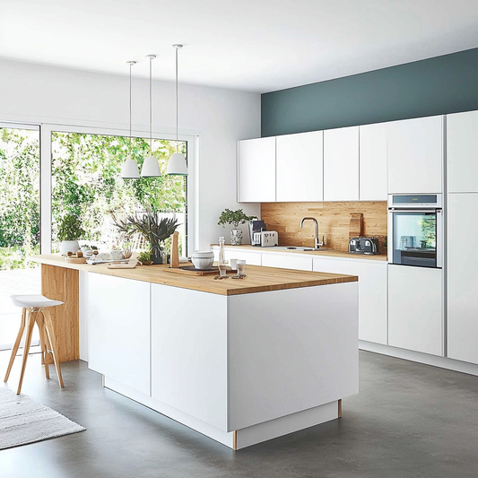 Cuisine blanche avec îlot central en bois - Modèle CBICB