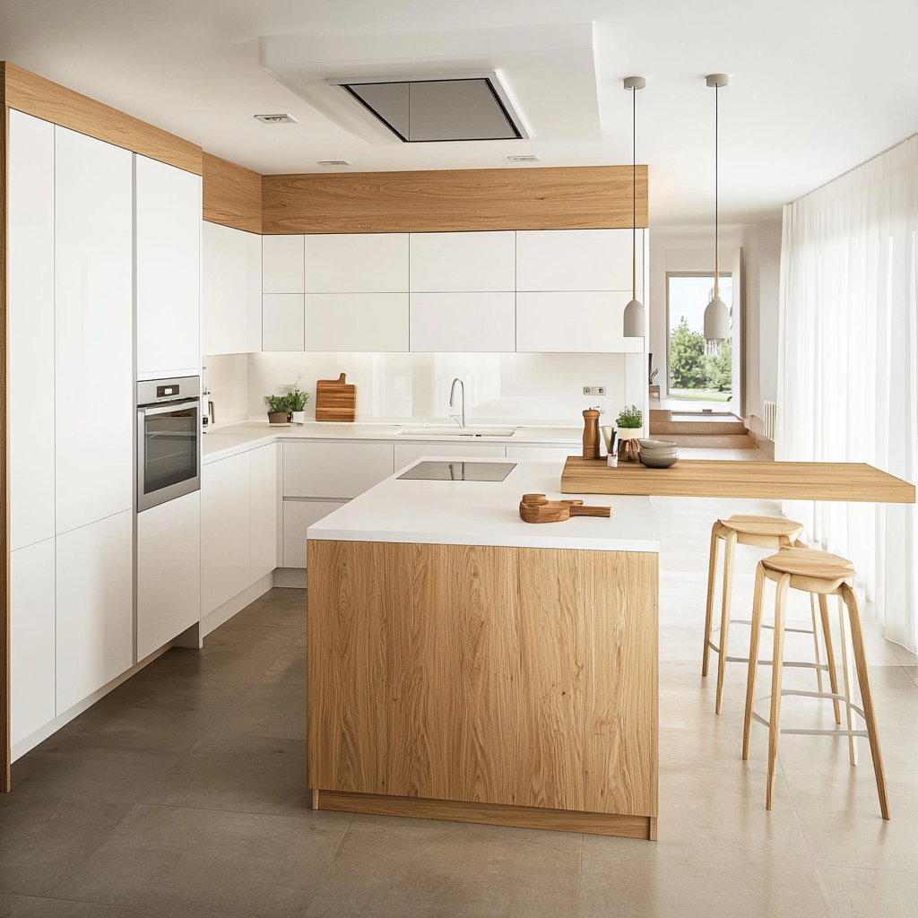 Cuisine full blanche avec îlot central en bois - Modèle CFBICB