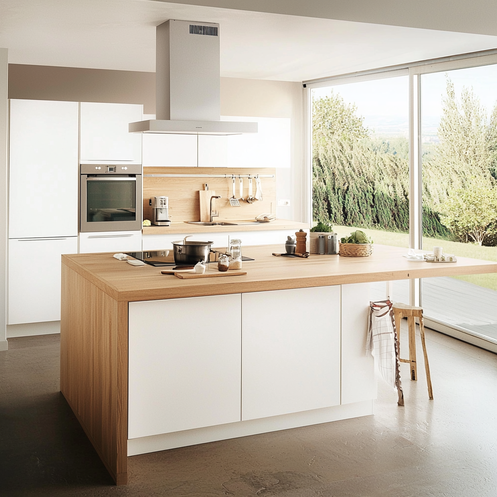 Cuisine blanche moderne avec îlot central en bois - Modèle BMICB