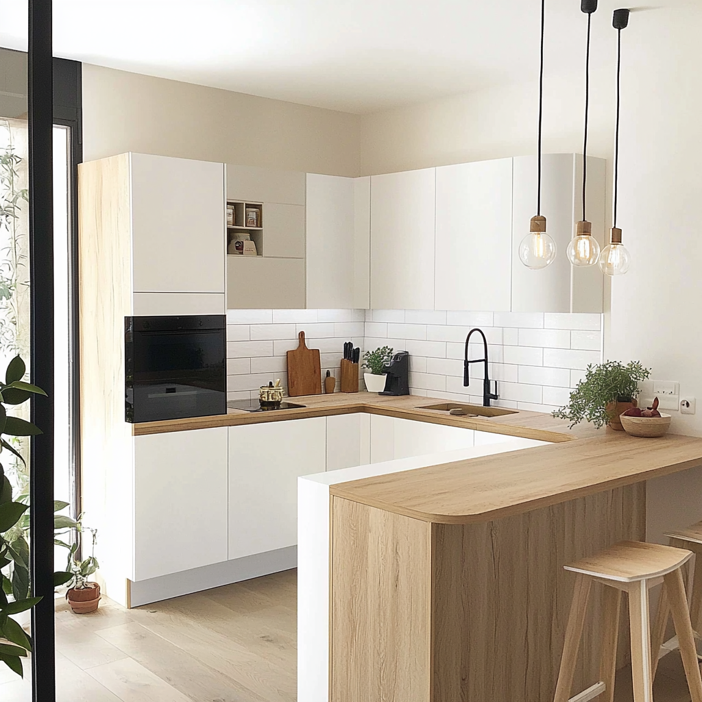 Petite cuisine blanche et bois en U - Modèle PCBBU