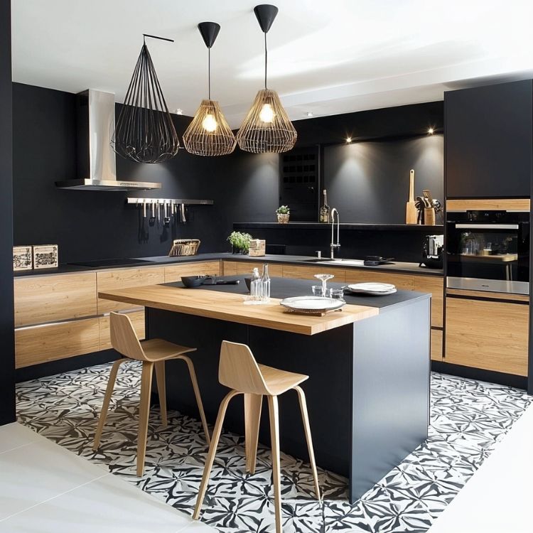cuisine d'angle en L bois et noir