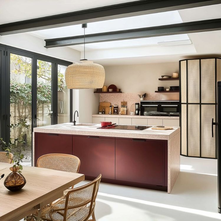 cuisine rouge et blanc ouverte sur salon avec ilot central