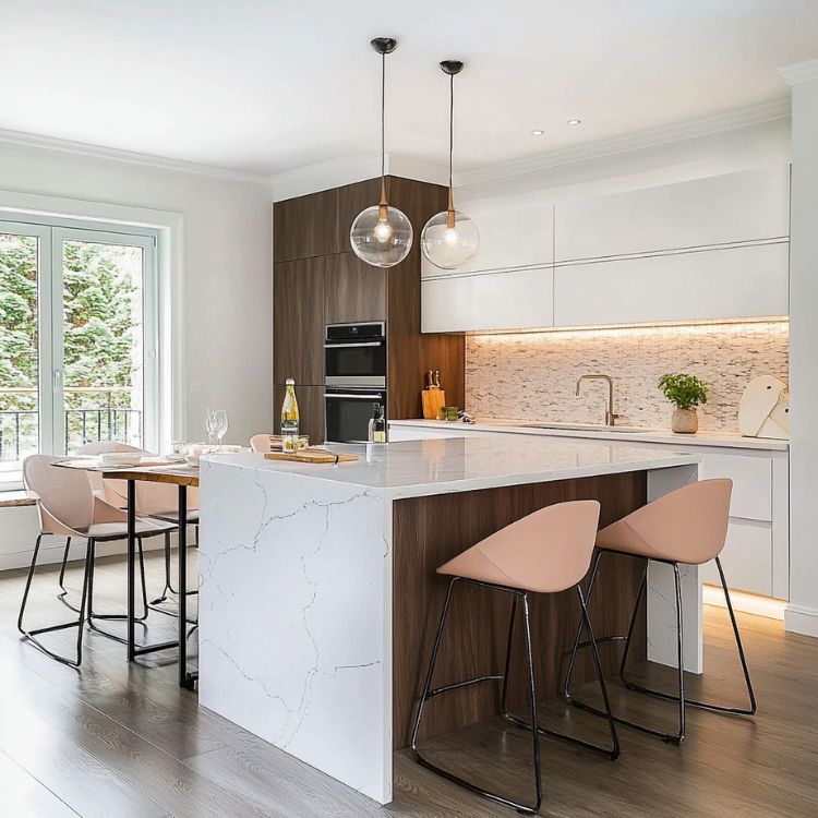 cusine tendance marbre, blanc et bois