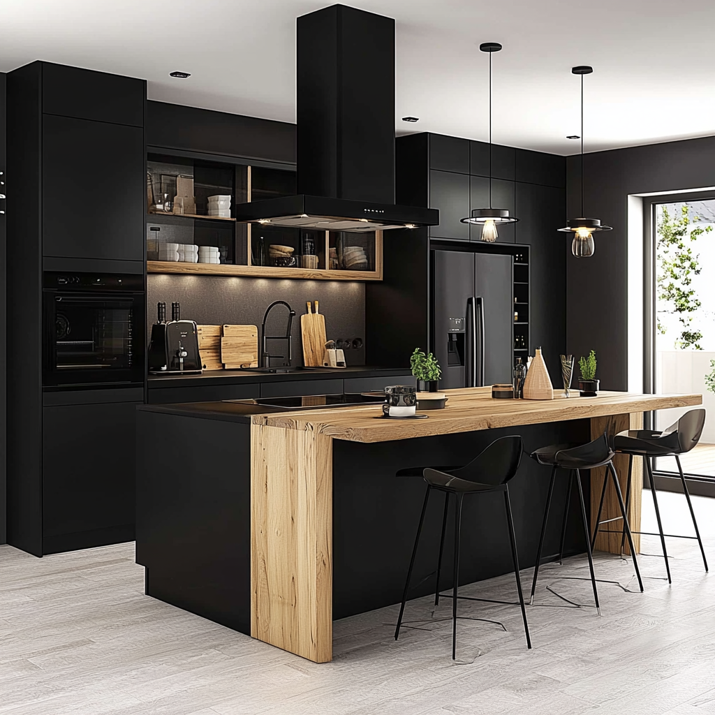 Cuisine noire full black avec îlot central en bois - Modèle CFBICB