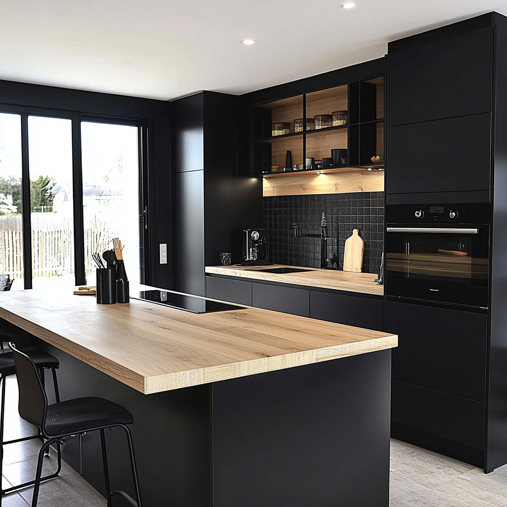 Petite cuisine moderne full black noire et bois - Modèle PCMFBN